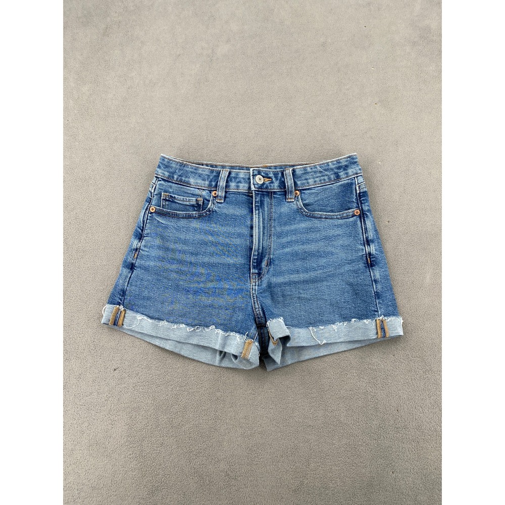 American Eagle Mom Shorts Size 6 Medium Wash Stretch High Waisted Cuffed Denim